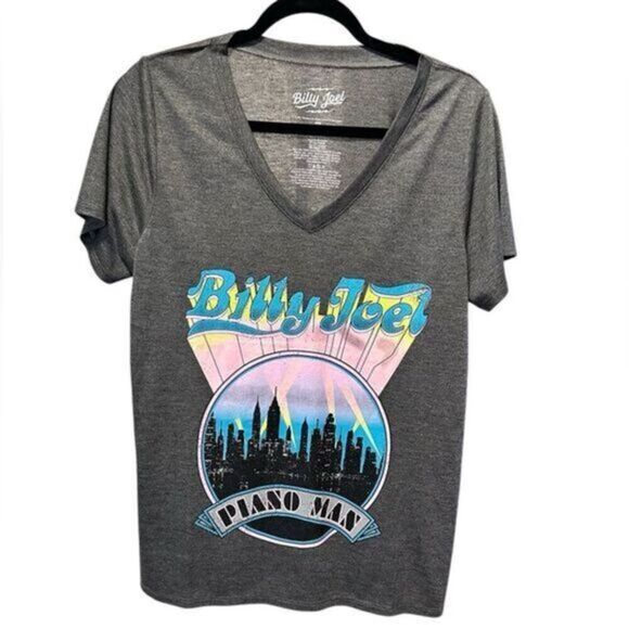 NWOT Women’s Gray V Neck Billy Joel Short Sleeve Graphic Tee Shirt - Size M - Picture 2 of 6